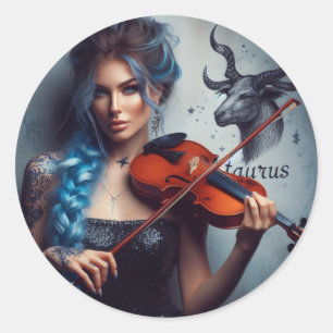 Taurus Zodiac Musician Viool Ronde Sticker