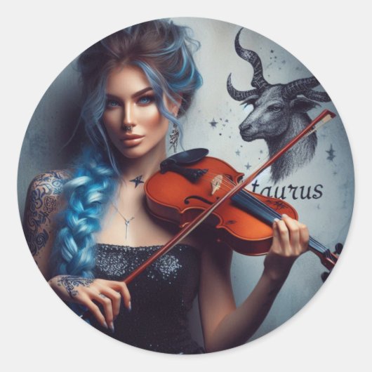 Taurus Zodiac Musician Viool Ronde Sticker (Voorkant)