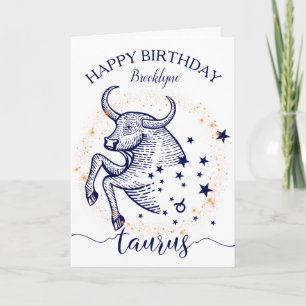 Taurus Zodiac Navy & Gold Monochrome Birthday Card Kaart