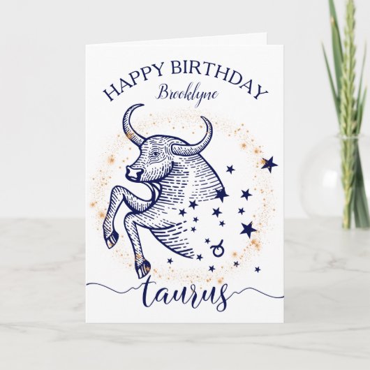 Taurus Zodiac Navy & Gold Monochrome Verjaardag Ka Kaart (Voorkant)