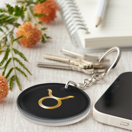 Taurus Zodiac Sign, Black & Gold Sleutelhanger (Voorkant Rechts)