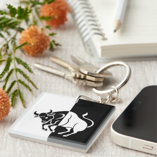 Taurus Zodiac Sign, Black & White Sleutelhanger (Voorkant Rechts)