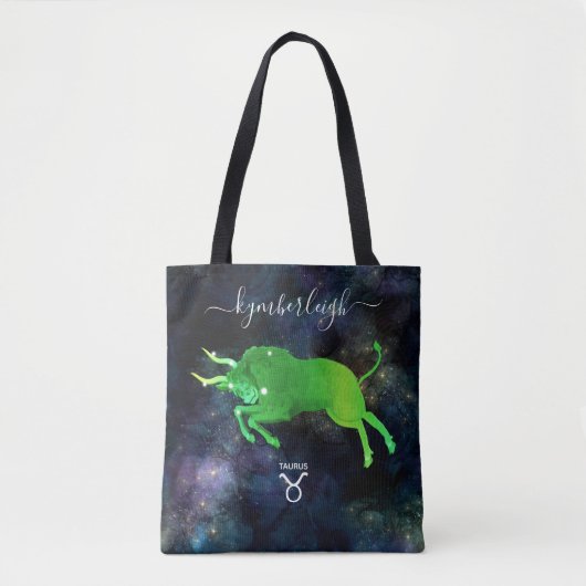 Taurus Zodiac Sign Cosmic Monogram naam Groen grij Tote Bag (Voorkant)
