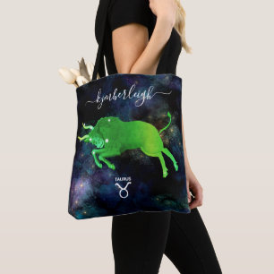 Taurus Zodiac Sign Cosmic Monogram naam Groen grij Tote Bag