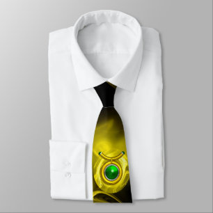 TAURUS ZODIAC SIGN, GEEL FRACTAAL ROOS IN ZWART STROPDAS