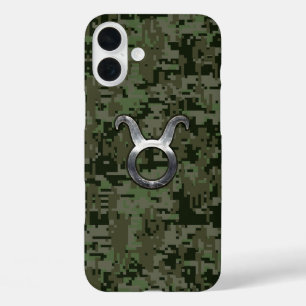 Taurus Zodiac Sign on Green Camo iPhone 16 Plus Hoesje