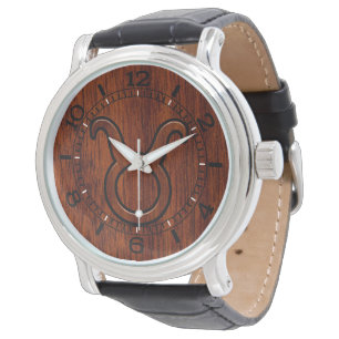 Taurus Zodiac Sign on Mahogany Style Dial Horloge