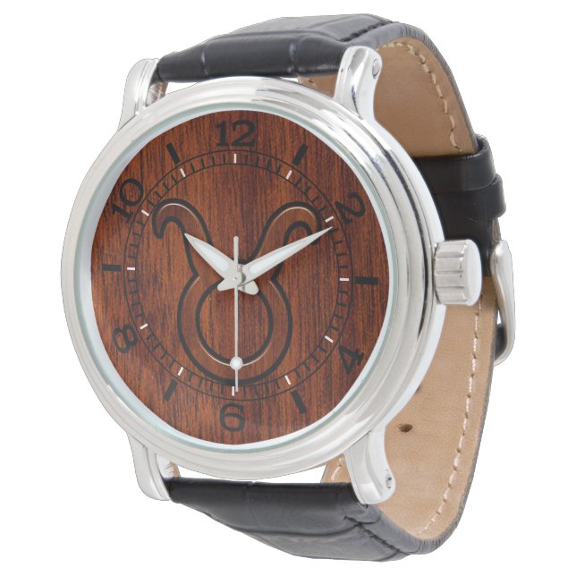Taurus Zodiac Sign on Mahogany Style Dial Horloge (Gekanteld)