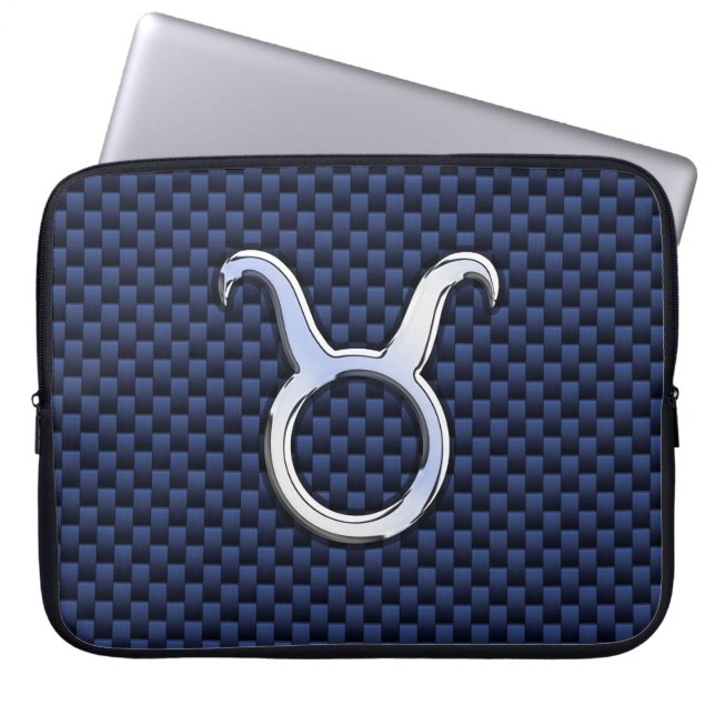 Taurus Zodiac Sign on Navy Blue Carbon Fiber Print Laptop Sleeve (Voorkant)