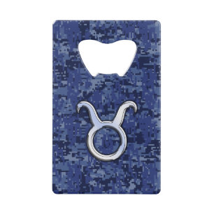 Taurus Zodiac Sign on Navy Blue Digital Camouflage Creditkaart Flessenopener