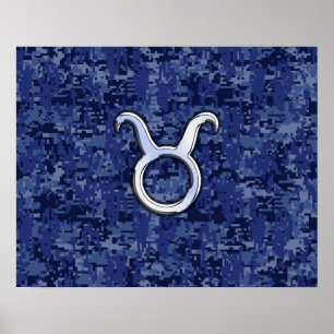 Taurus Zodiac Sign on Navy Blue Digital Camouflage Poster