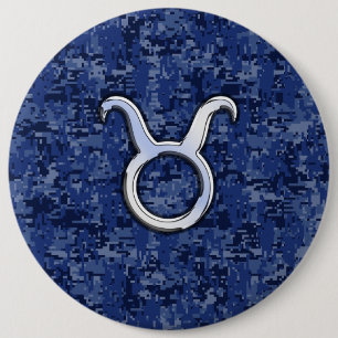 Taurus Zodiac Sign on Navy Blue Digital Camouflage Ronde Button 6,0 Cm