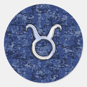 Taurus Zodiac Sign on Navy Blue Digital Camouflage Ronde Sticker