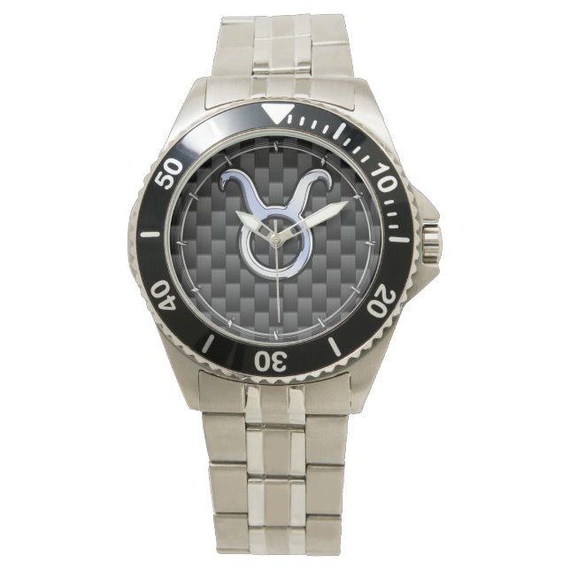 Taurus Zodiac Sign on Racy Charcoal Carbon Fibre Horloge (Voorkant)