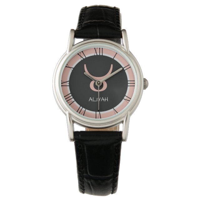 Taurus Zodiac Sign Roos Roze Grijs Aangepaste naam Horloge (Voorkant)