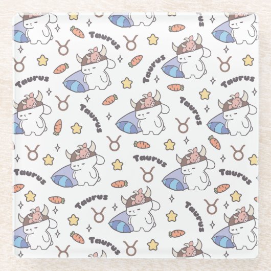 Taurus Zodiac Slumber - Slaperig Konijnenpatroon Glazen Onderzetter (Voorkant)