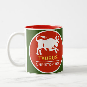 Taurus Zodiac Star Sign met de naam van de eigenaa Tweekleurige Koffiemok