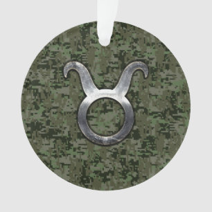 Taurus Zodiac Sybol op Olive Green Digital Camo Ornament