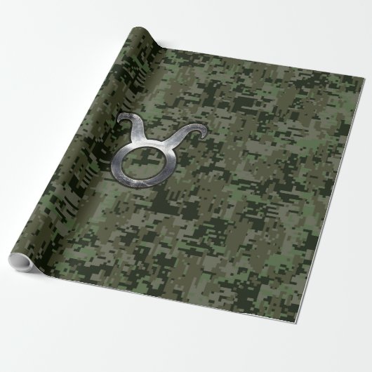Taurus Zodiac-symbool op Green Digital Camo Cadeaupapier (Uitgerold)