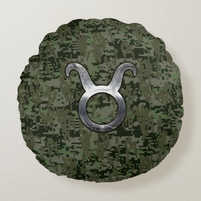 Taurus Zodiac-symbool op Green Digital Camo Rond Kussen (Voorkant)