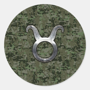 Taurus Zodiac-symbool op Green Digital Camo Ronde Sticker