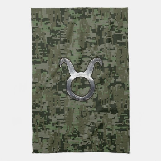 Taurus Zodiac-symbool op Green Digital Camouflage Theedoek (Verticaal)