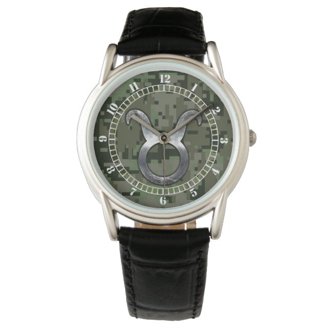 Taurus Zodiac Symbool op groene camouflage Dial Horloge (Voorkant)