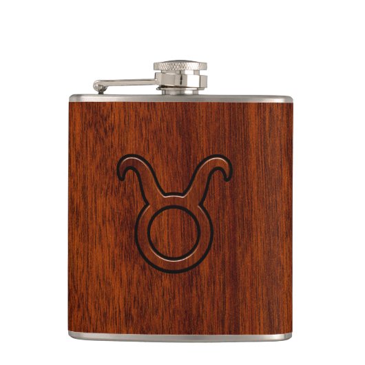 Taurus Zodiac Symbool op Mahonie Decor Heupfles (Voorkant)