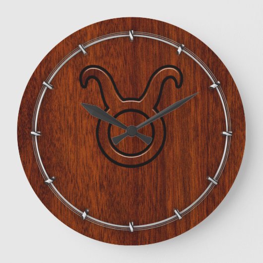 Taurus Zodiac Symbool op Rich Mahogany als gedrukt Grote Klok (Voorkant)