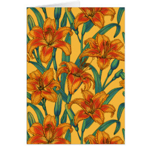 Tawny daglilbloemen, blauw en geel