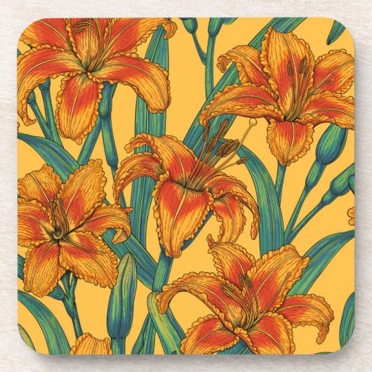 Tawny daglilbloemen, blauw en geel bier onderzetter (Voorkant)