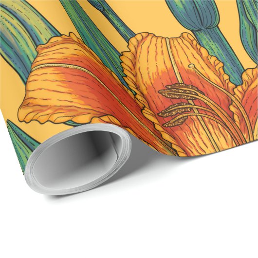 Tawny daglilbloemen, blauw en geel cadeaupapier (Rol Hoek)