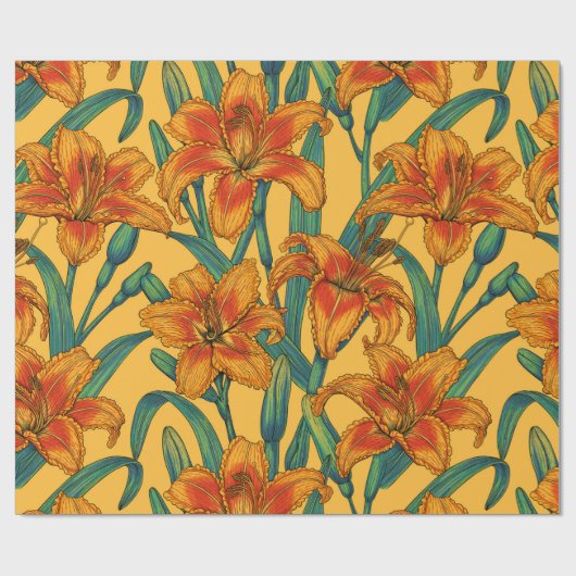 Tawny daglilbloemen, blauw en geel cadeaupapier (Vlak)