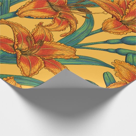 Tawny daglilbloemen, blauw en geel cadeaupapier (Hoek)