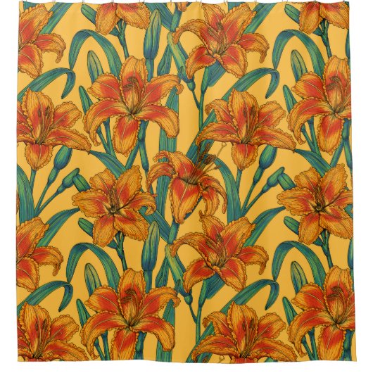 Tawny daglilbloemen, blauw en geel douchegordijn (Voorkant)