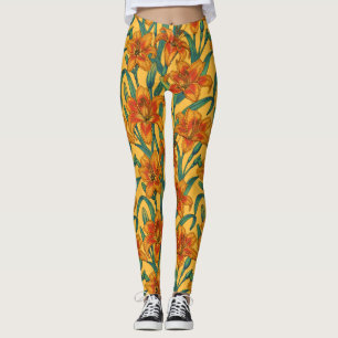 Tawny daglilbloemen, blauw en geel leggings
