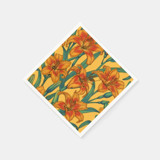 Tawny daglilbloemen, blauw en geel servet (Hoek)