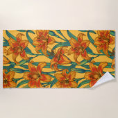 Tawny daglilbloemen, blauw en geel strandlaken (Voorkant)