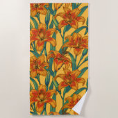 Tawny daglilbloemen, blauw en geel strandlaken (Voorkant)