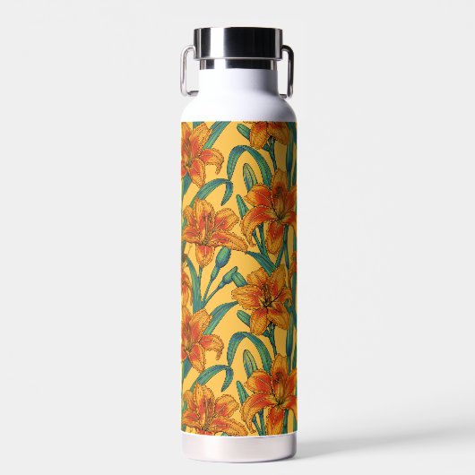 Tawny daglilbloemen, blauw en geel waterfles (Voorkant)