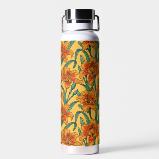 Tawny daglilbloemen, blauw en geel waterfles (Achterkant)