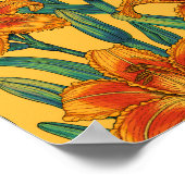 Tawny daylily flowers, blue and yellow poster (Hoek)