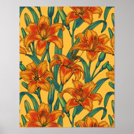 Tawny daylily flowers, blue and yellow poster (Voorkant)