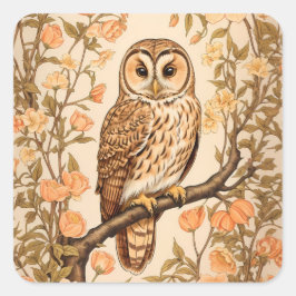 Tawny Owl Perzik Bloesems William Morris Geïnspire Vierkante Sticker
