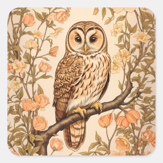 Tawny Owl Perzik Bloesems William Morris Geïnspire Vierkante Sticker (Voorkant)