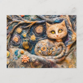 Tawny Uil en kat in een boom gemaakt in vilt techn Briefkaart