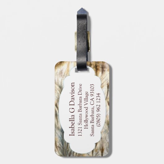 Tawny Uil fine art bird genaamd bagagelabel (Achterkant verticaal)