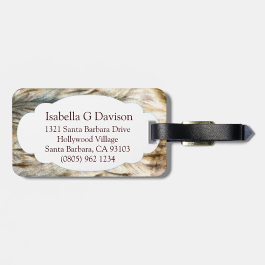 Tawny Uil fine art bird genaamd bagagelabel (Achterkant horizontaal)