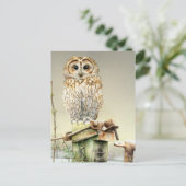 Tawny Uil in de Sneeuw fine art waterverf briefkaa Briefkaart (Staand voorkant)