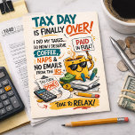Tax Day Is Finally Over Funny Coffee Relax Briefkaart<br><div class="desc">Celebrate the sweet relief of finishing your taxes with this humorous Tax Day postcard. Featuring playful illustrations of a happy coffee mug, tax forms, calculator, and money, the design captures that satisfying moment when everything is finally filed and paid. The bright colors and cheerful graphics add a lighthearted touch to...</div>